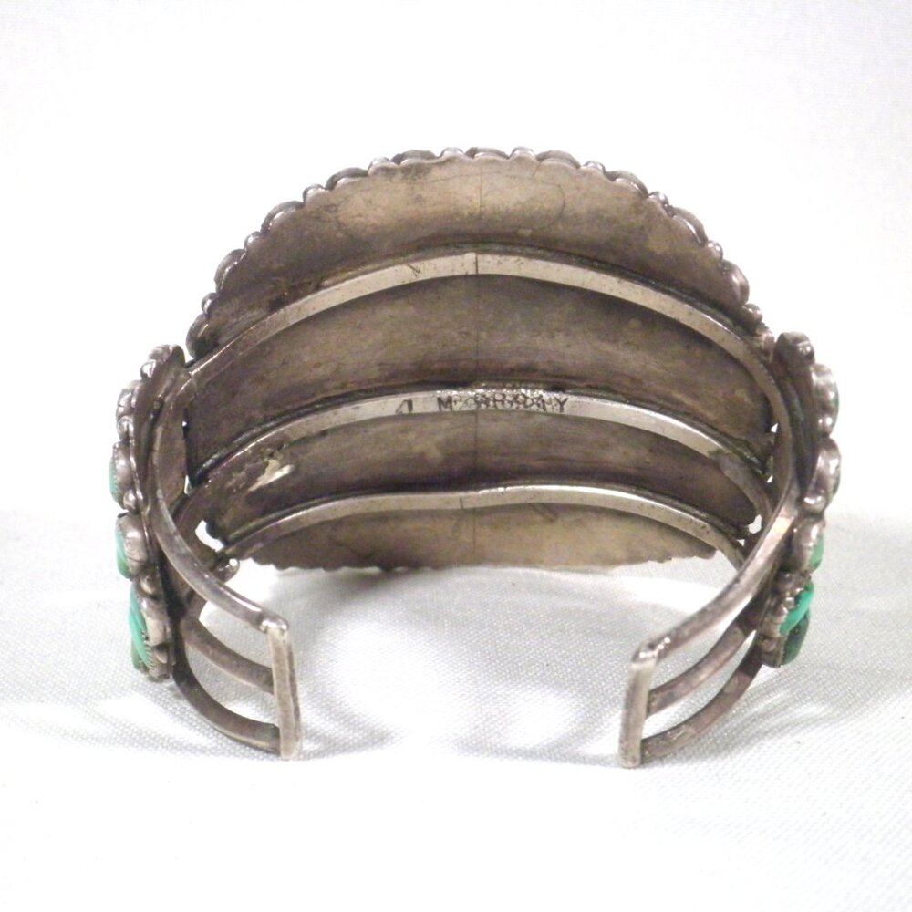 Native Turquoise Cluster Silver Cuff Bracelet - Blue Green Stones - Picture 4 of 8